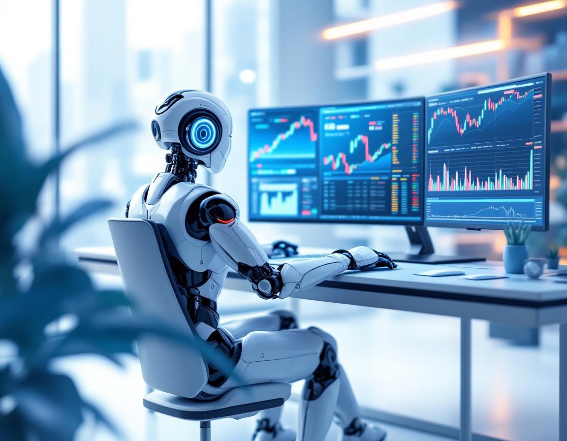 A humanoid AI trading bot operates at a high-tech workstation, analyzing data on multiple screens.