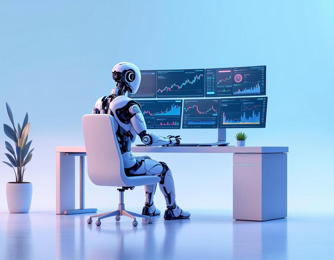 A humanoid AI trading bot at a high-tech workstation analyzing market data with multiple screens.