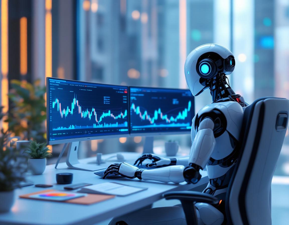 A humanoid AI trading bot at a high-tech workstation, analyzing market data on multiple screens.