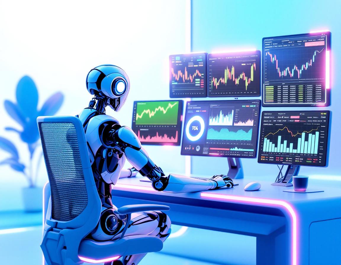 A humanoid AI trading bot analyzes market data at a high-tech workstation with multiple screens.