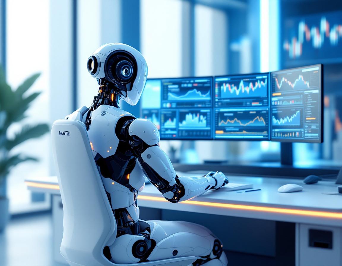 A hyper-realistic AI trading bot at a high-tech workstation analyzing stock and crypto market data.