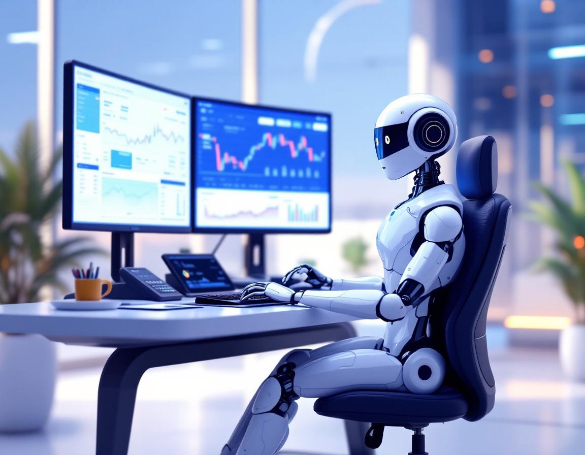A futuristic AI trading bot analyzes market data at a high-tech workstation with glowing screens.