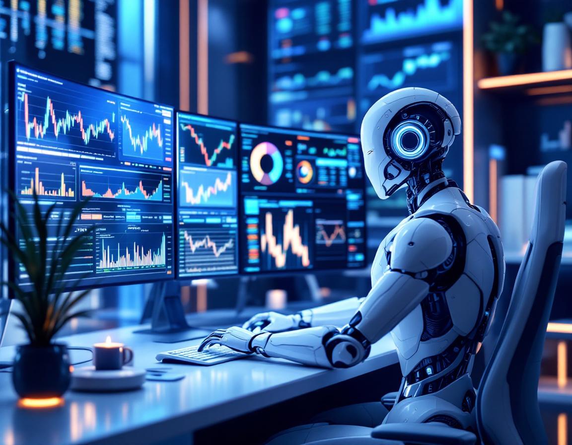 A humanoid AI trading bot analyzes market data at a high-tech workstation, surrounded by screens.