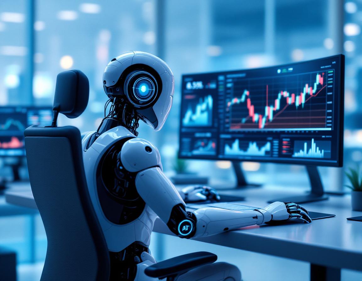A humanoid AI trading bot analyzes market data at a high-tech workstation with glowing screens.