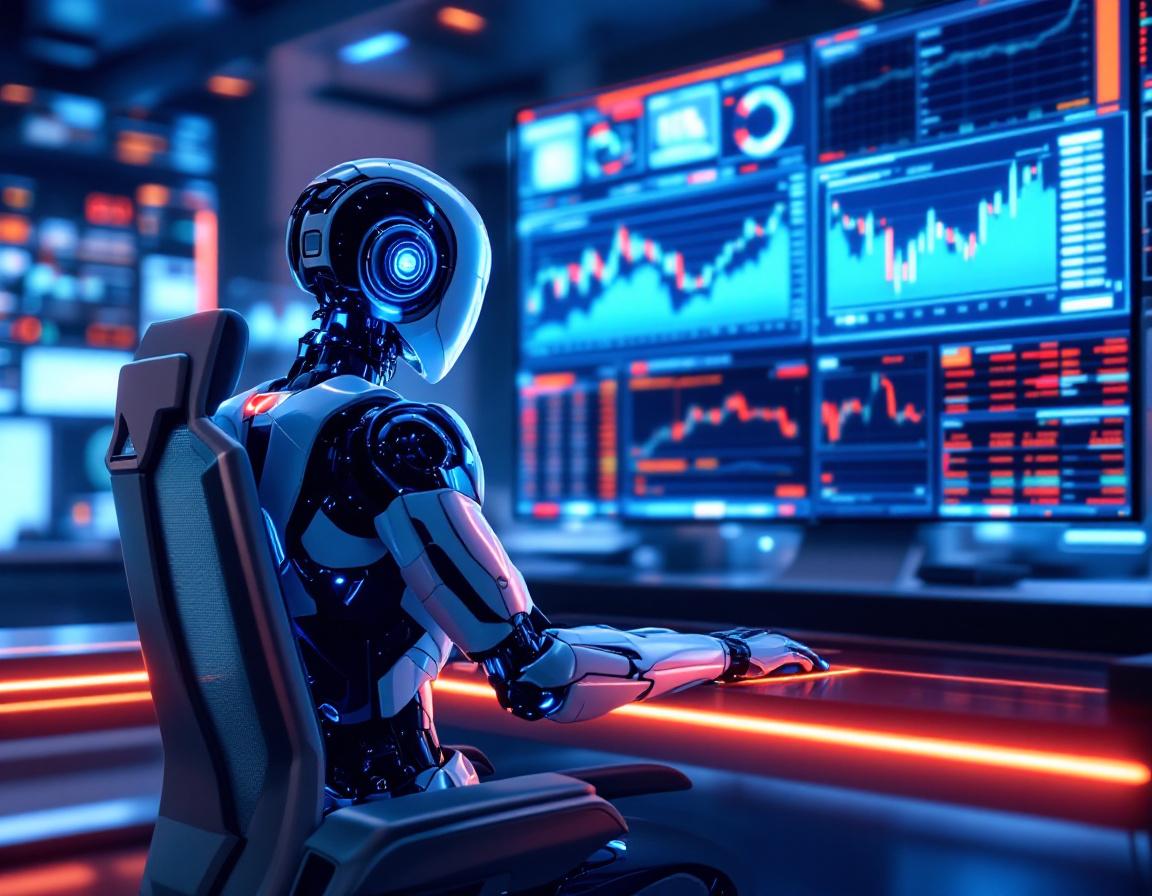 A humanoid AI trading bot analyzes market data at a high-tech workstation with glowing screens.