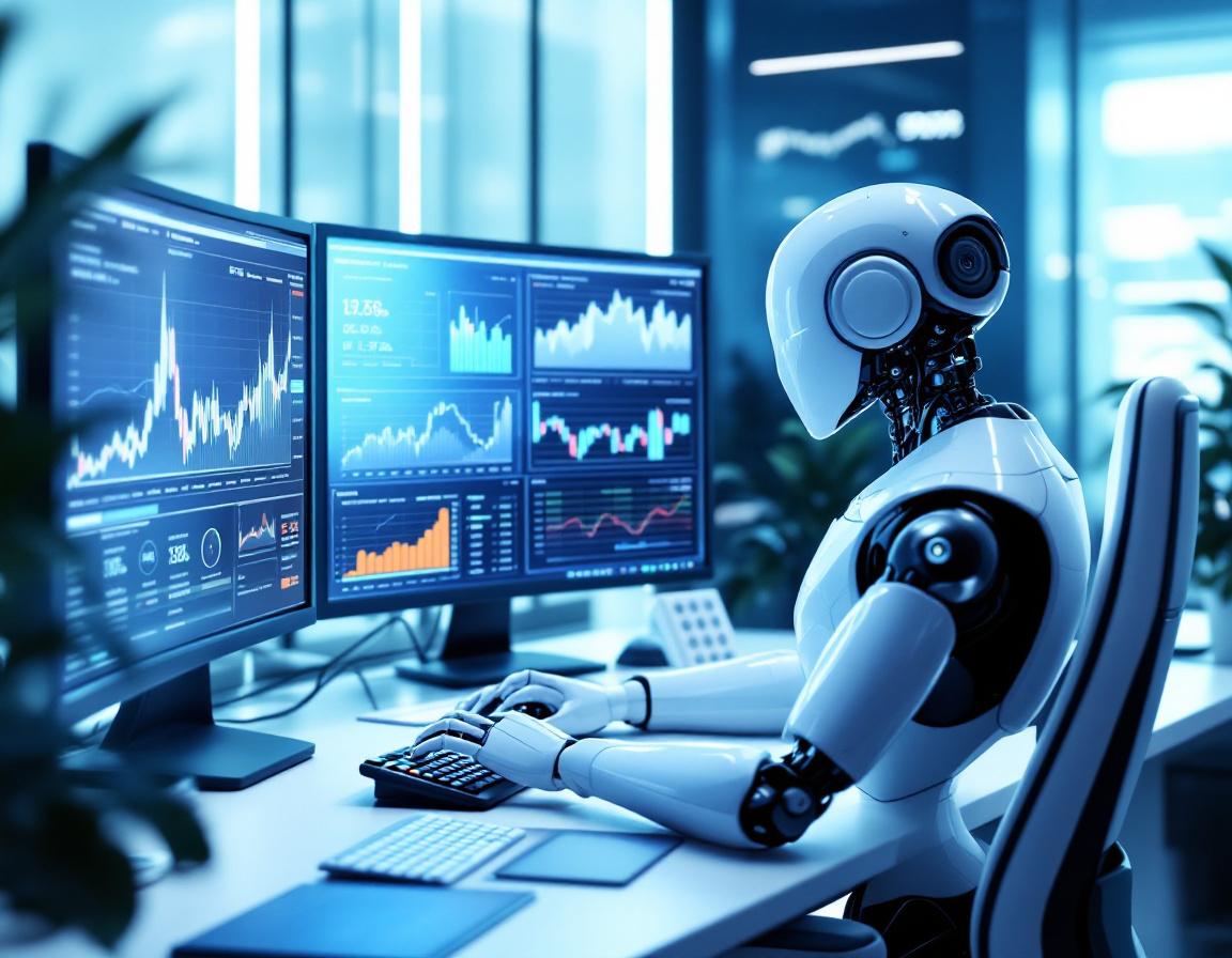 A hyper-realistic AI trading bot at a workstation analyzing market data in a futuristic setting.