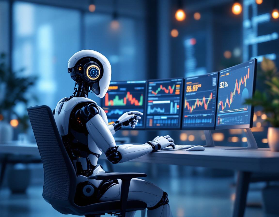 A hyper-realistic AI trading bot analyzing market data at a high-tech workstation with screens.