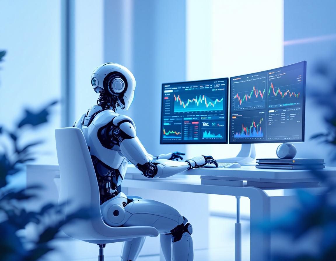 A hyper-realistic AI trading bot at a workstation analyzing market data across multiple screens.