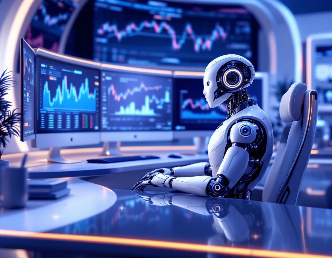 A sleek humanoid AI trading bot analyzes data at a high-tech workstation with multiple screens.