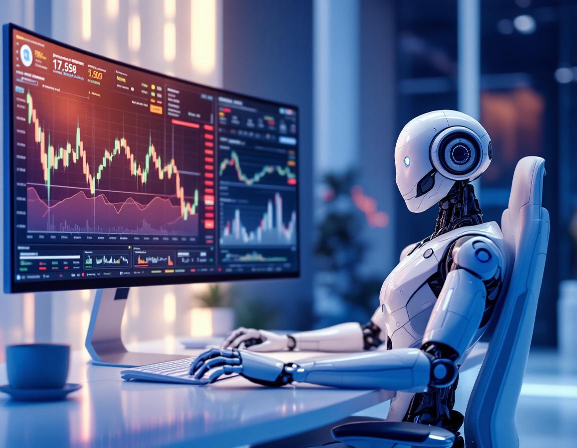 A humanoid AI trading bot analyzes market data at a high-tech workstation with multiple screens.