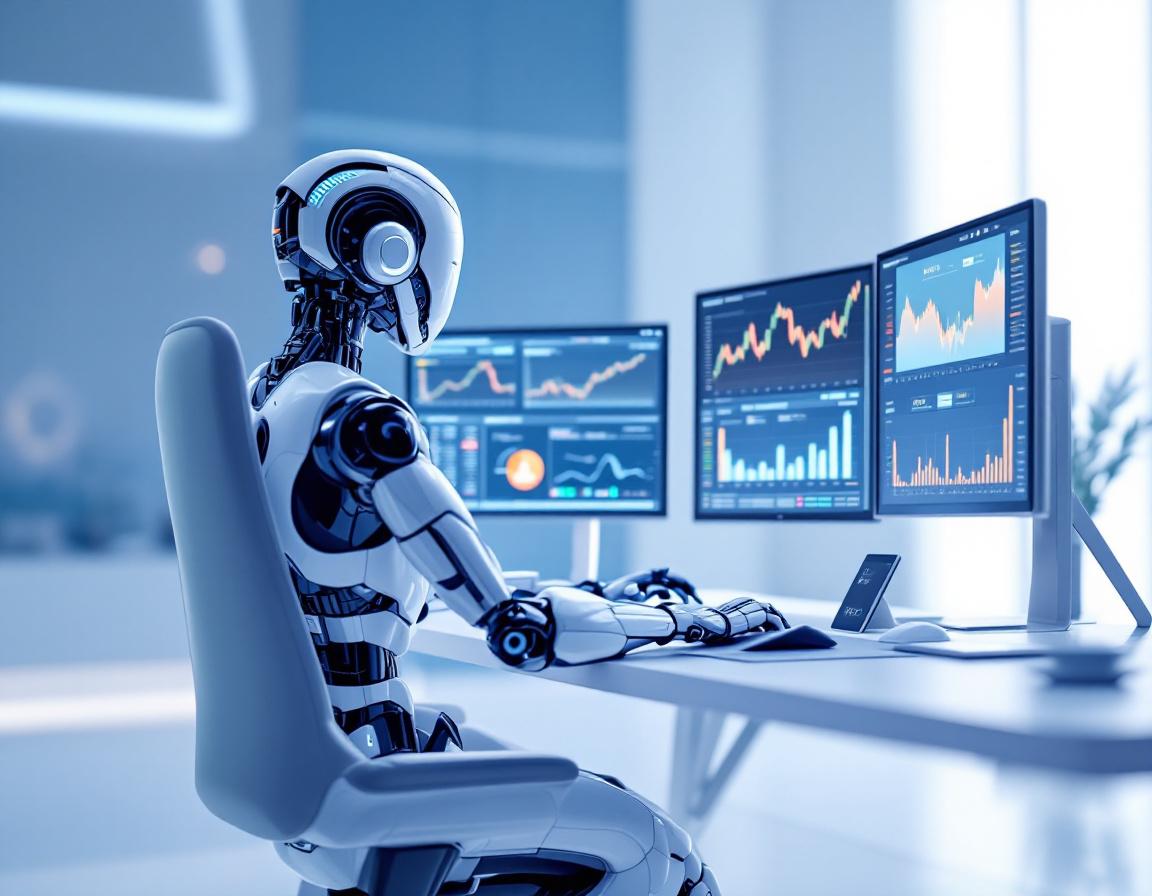 A sleek humanoid AI trading bot at a workstation analyzes market data across multiple screens.