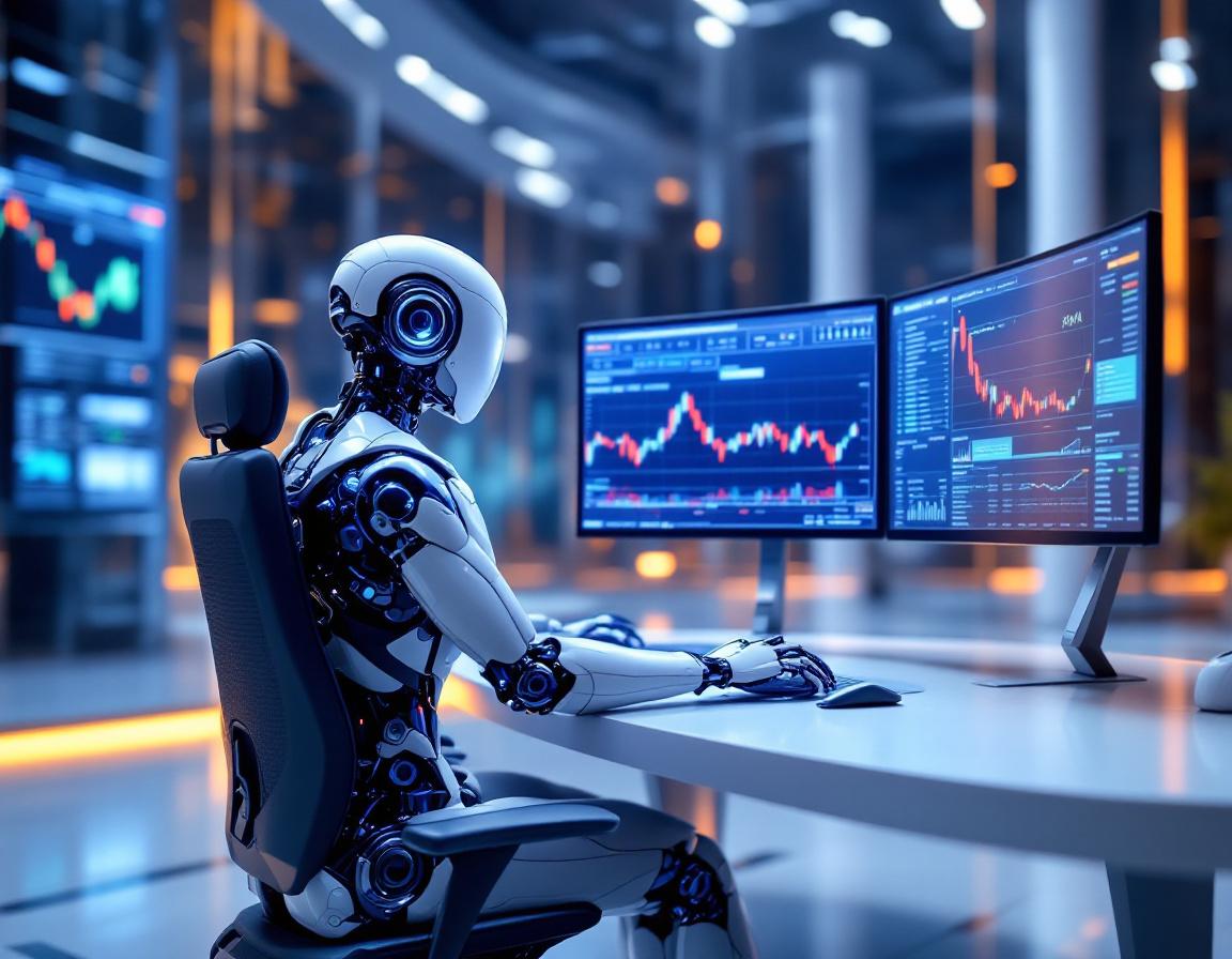 A hyper-realistic AI trading bot in a high-tech workstation analyzing stock and crypto market data.