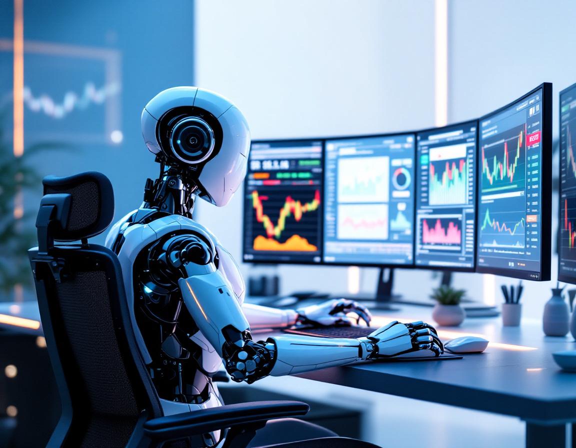 A hyper-realistic AI trading bot at a workstation, analyzing market data across multiple screens.