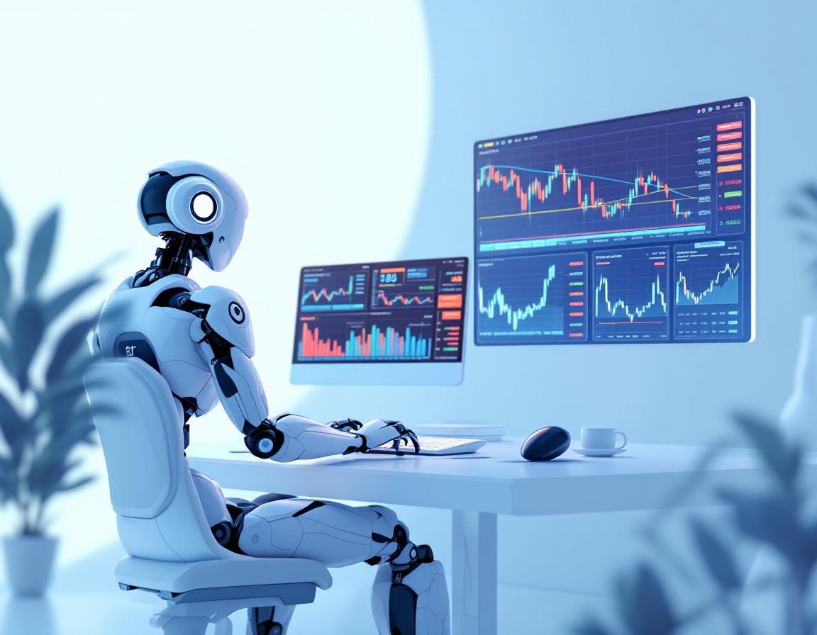 A humanoid AI trading bot at a high-tech workstation, analyzing market data on multiple screens.