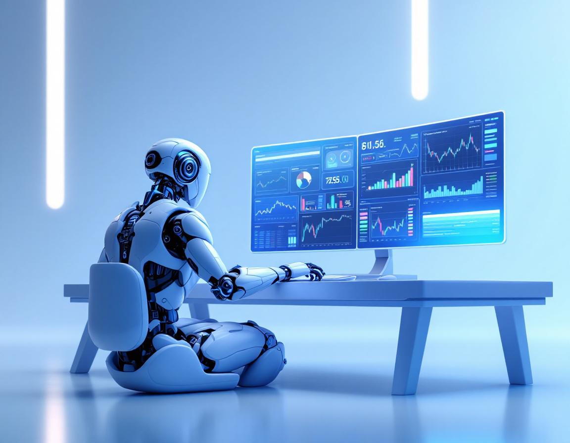 A humanoid AI trading bot works at a high-tech station analyzing market data on multiple screens.