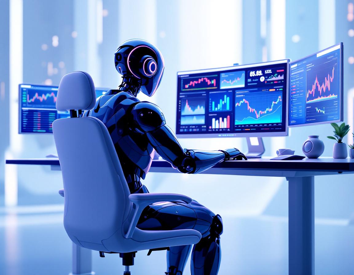 A humanoid AI trading bot analyzes market data at a high-tech workstation with multiple screens.