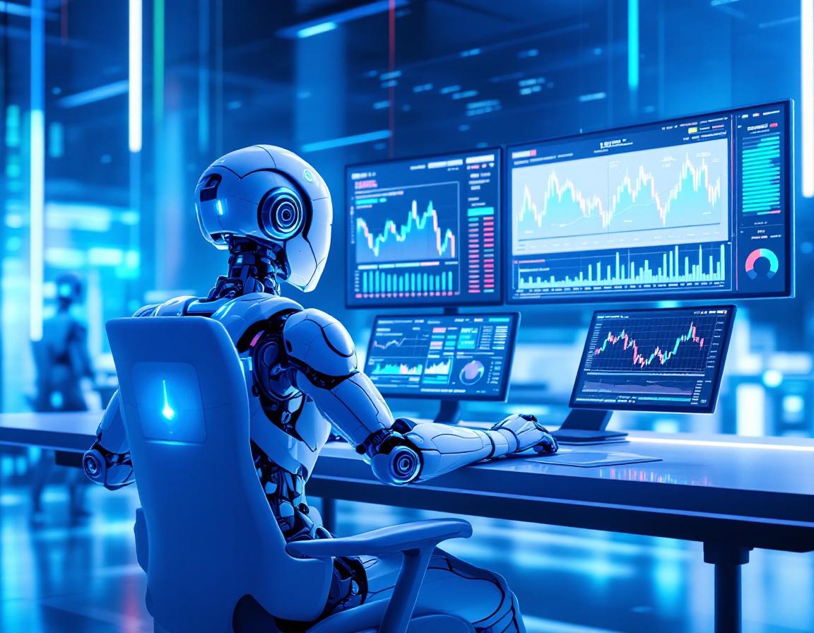 A detailed AI trading bot analyzes market data at a futuristic workstation with glowing screens.