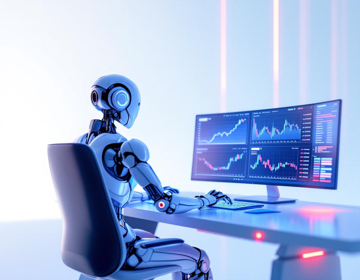 A hyper-realistic AI trading bot at a workstation, analyzing cryptocurrency and stock market data.