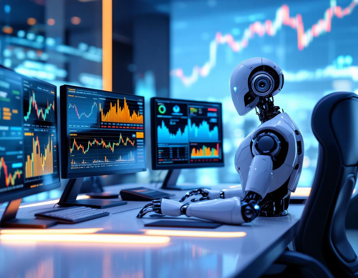 A humanoid AI trading bot at a high-tech workstation, analyzing market data across multiple screens.