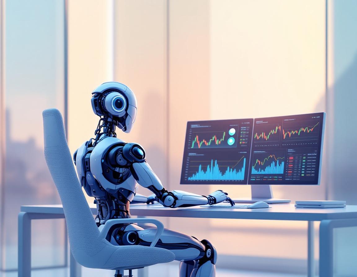 A humanoid AI trading bot at a high-tech workstation analyzing market data on multiple screens.