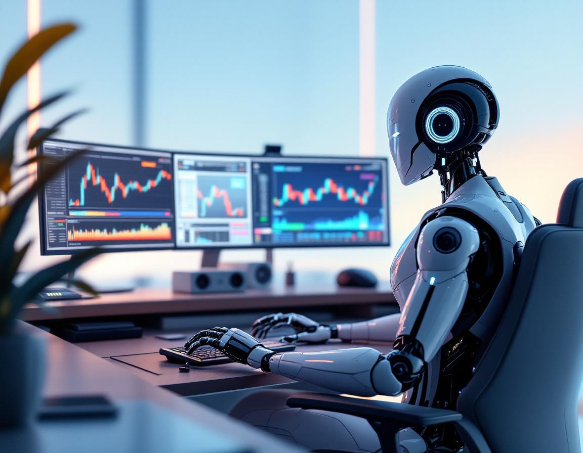 A hyper-realistic AI trading bot at a high-tech workstation, analyzing crypto and stock market data.