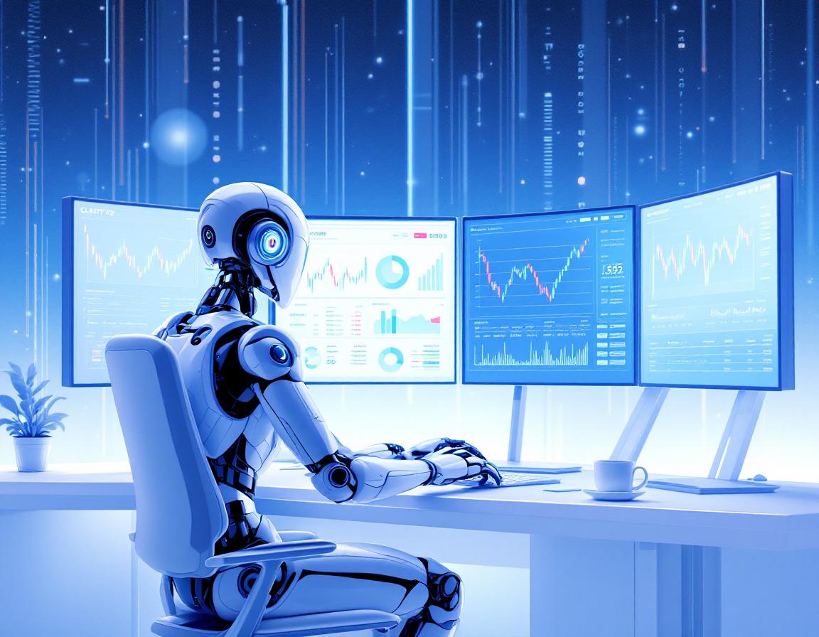 A hyper-realistic AI-powered trading bot at a high-tech workstation analyzing stock and crypto data.