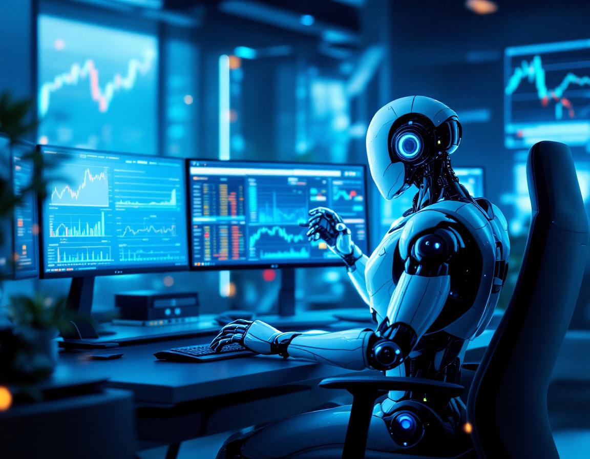 A hyper-realistic AI trading bot at a workstation with multiple screens displaying market data.