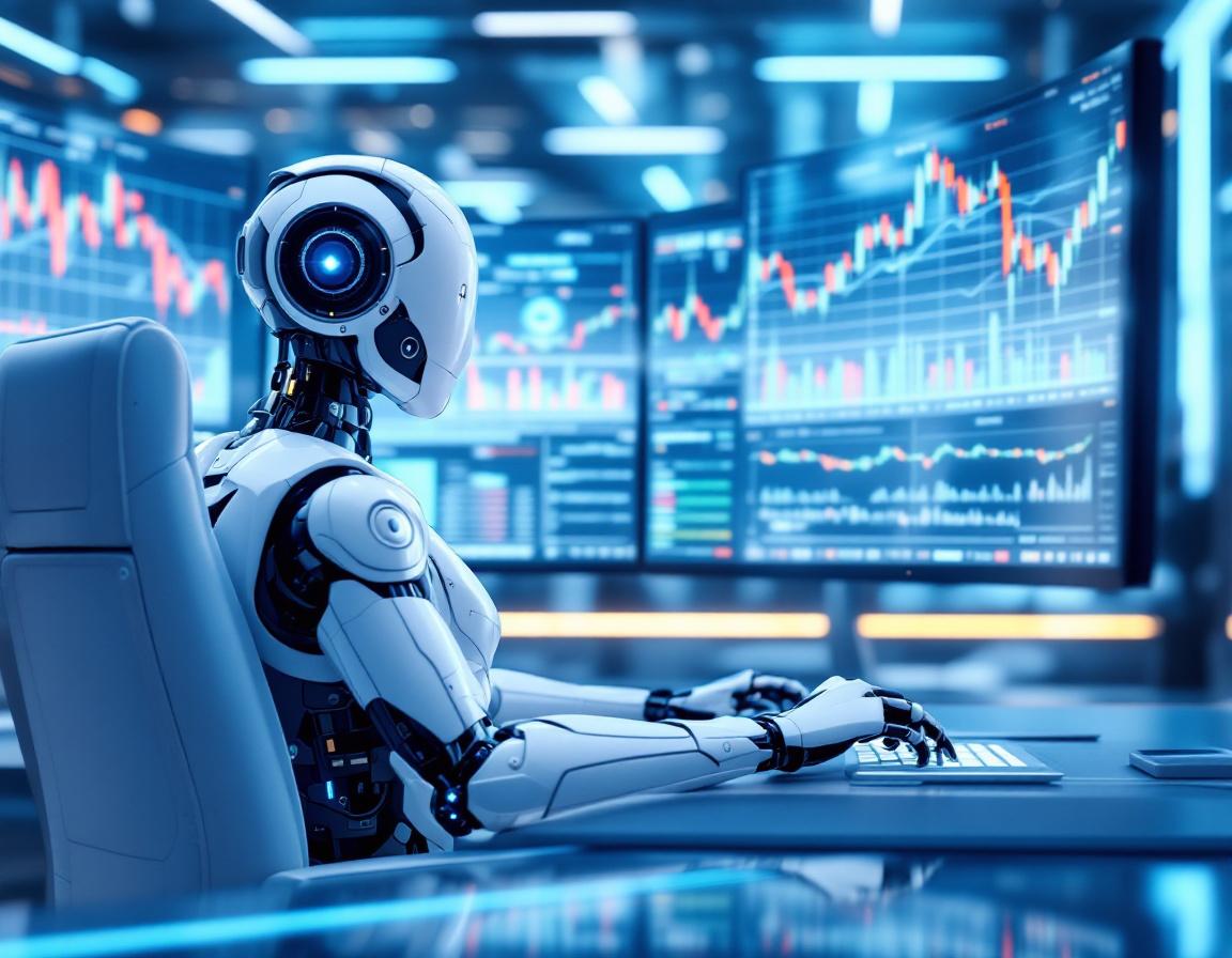 A humanoid AI trading bot at a futuristic workstation, analyzing market data on multiple screens.