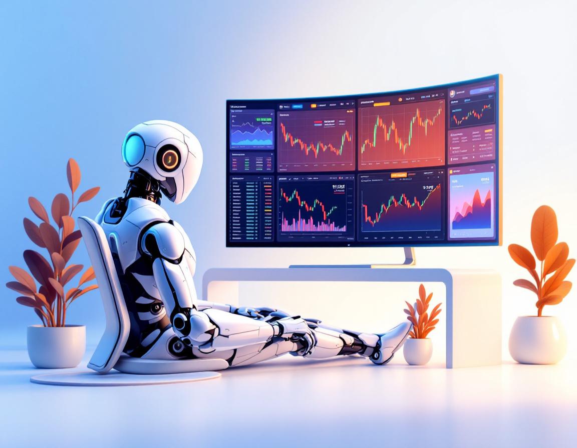AI trading bot at high-tech workstation analyzing markets; screens show crypto and stock charts.