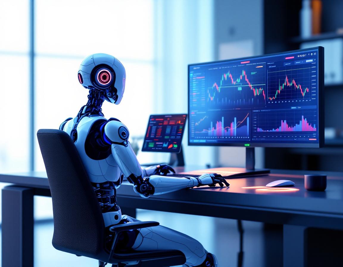 A humanoid AI trading bot analyzes market data at a high-tech workstation with multiple screens.