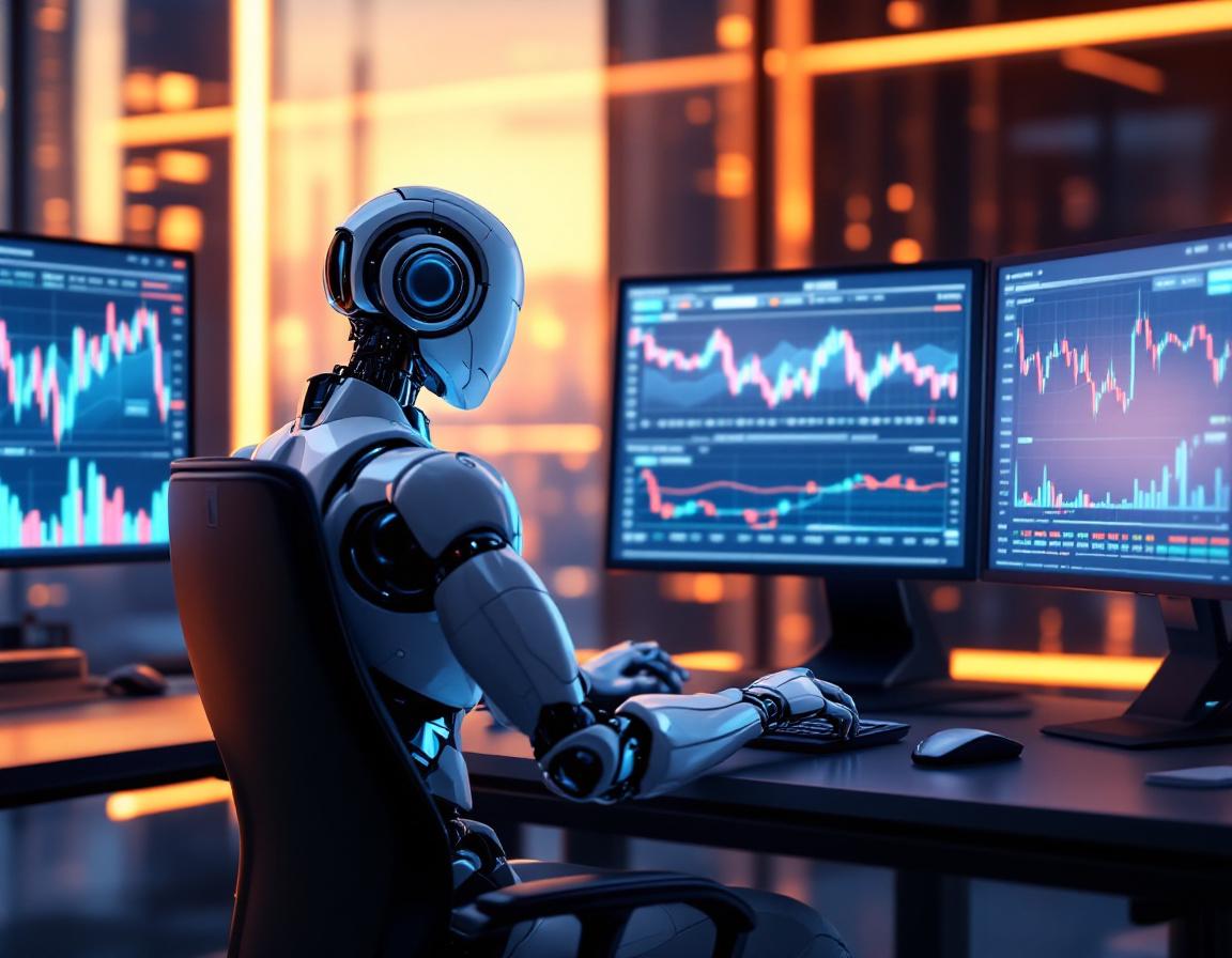 A humanoid AI trading bot analyzes market data at a sleek workstation with multiple screen displays.