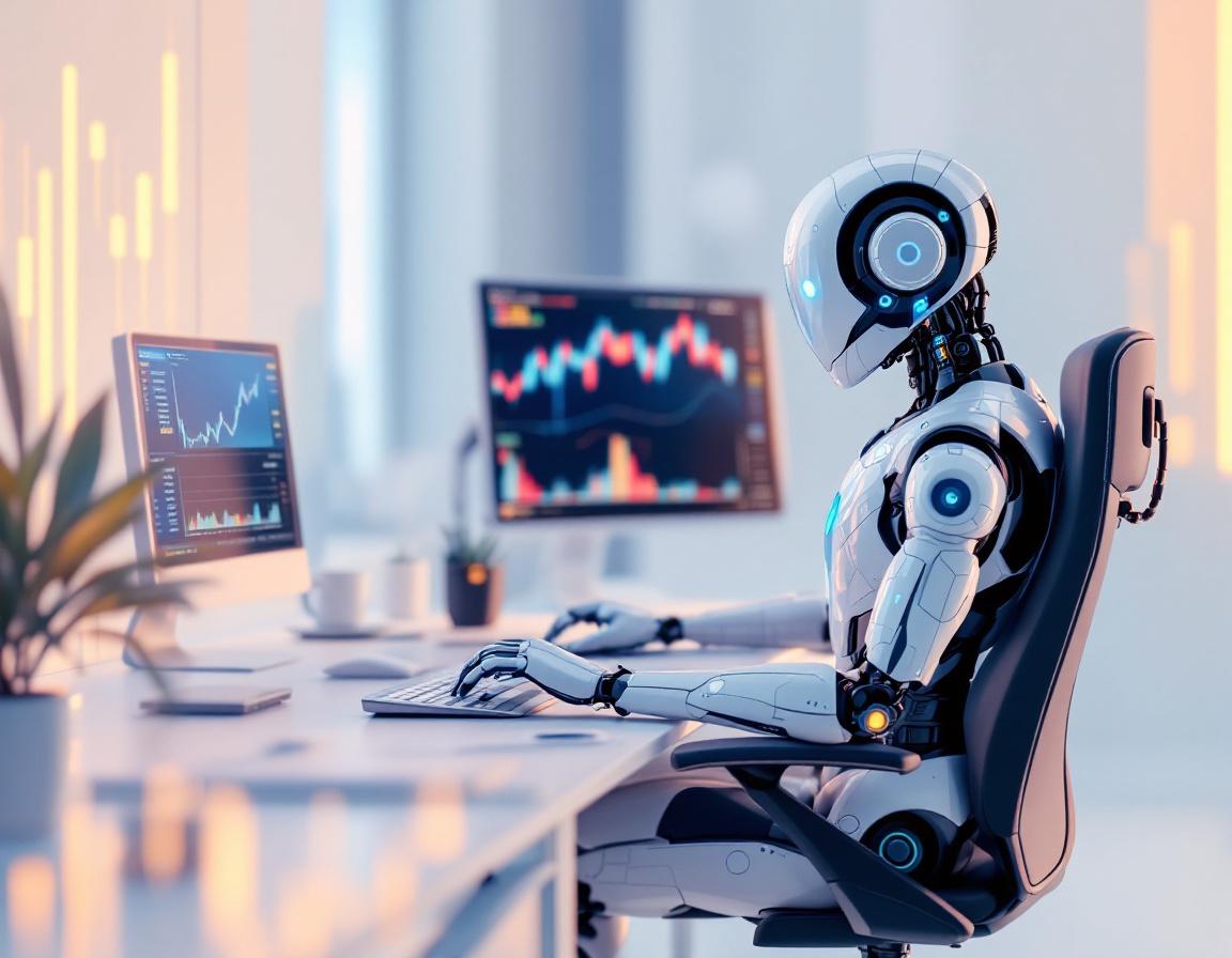 A hyper-realistic AI trading bot analyzes market data at a sleek workstation with multiple screens.