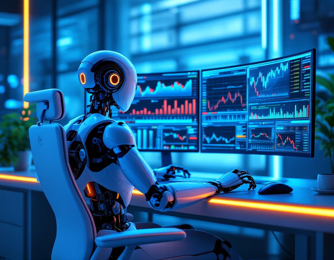 A hyper-realistic AI trading bot at a high-tech station analyzing stock and crypto market data.