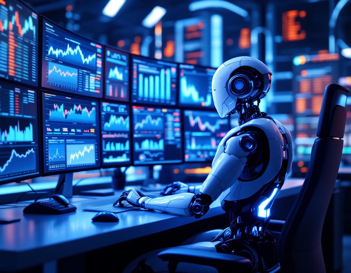 A humanoid AI trading bot at a high-tech workstation analyzes market trends on multiple screens.