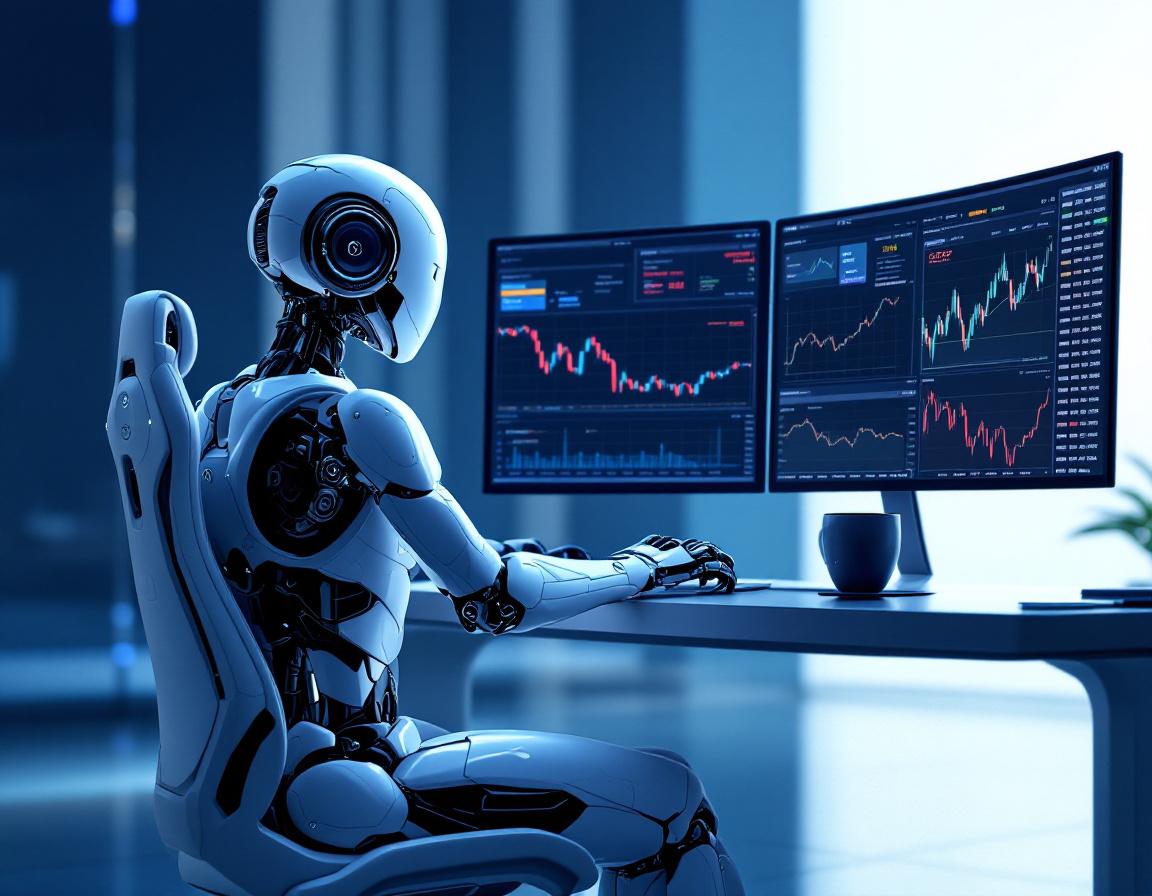 A sleek humanoid AI trading bot at a workstation analyzing crypto and stock market data on screens.