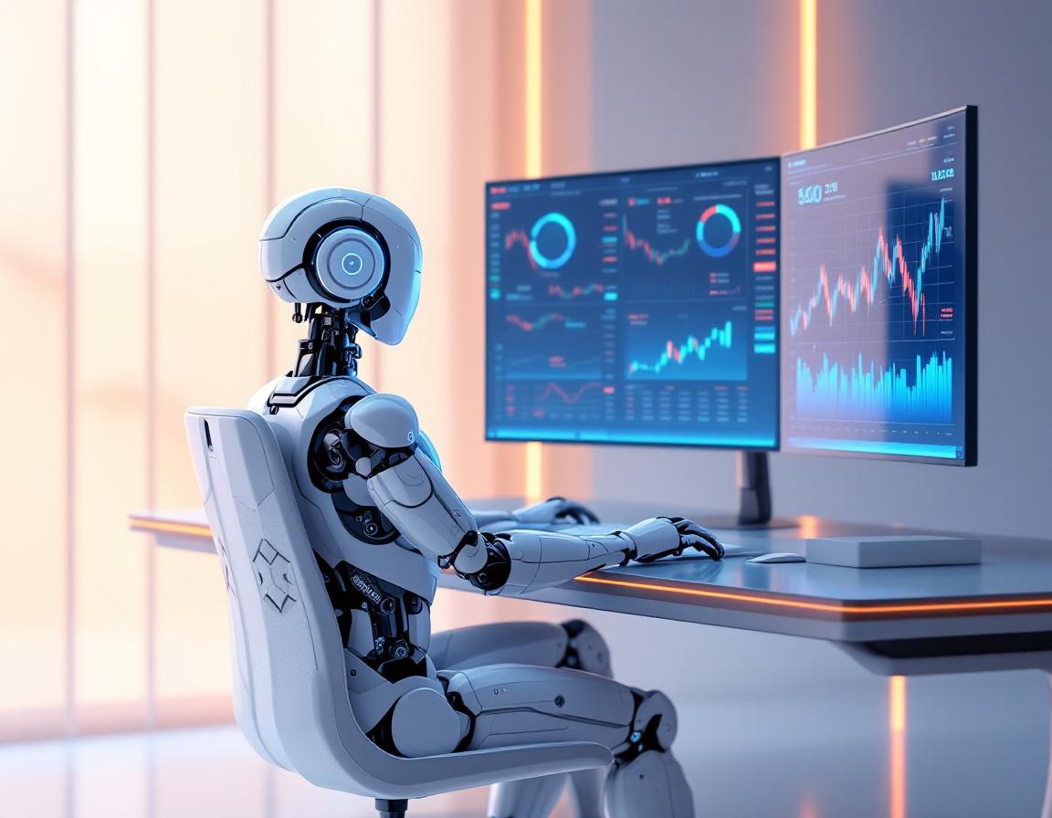 A hyper-realistic AI trading bot at a workstation, analyzing crypto data across multiple screens.