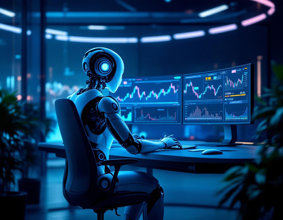 A humanoid AI trading bot in a high-tech environment, analyzing stock and crypto market data.