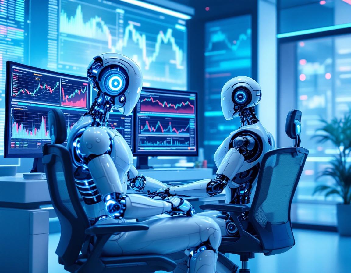 A hyper-realistic AI trading bot analyzes market data on multiple screens in a futuristic setting.