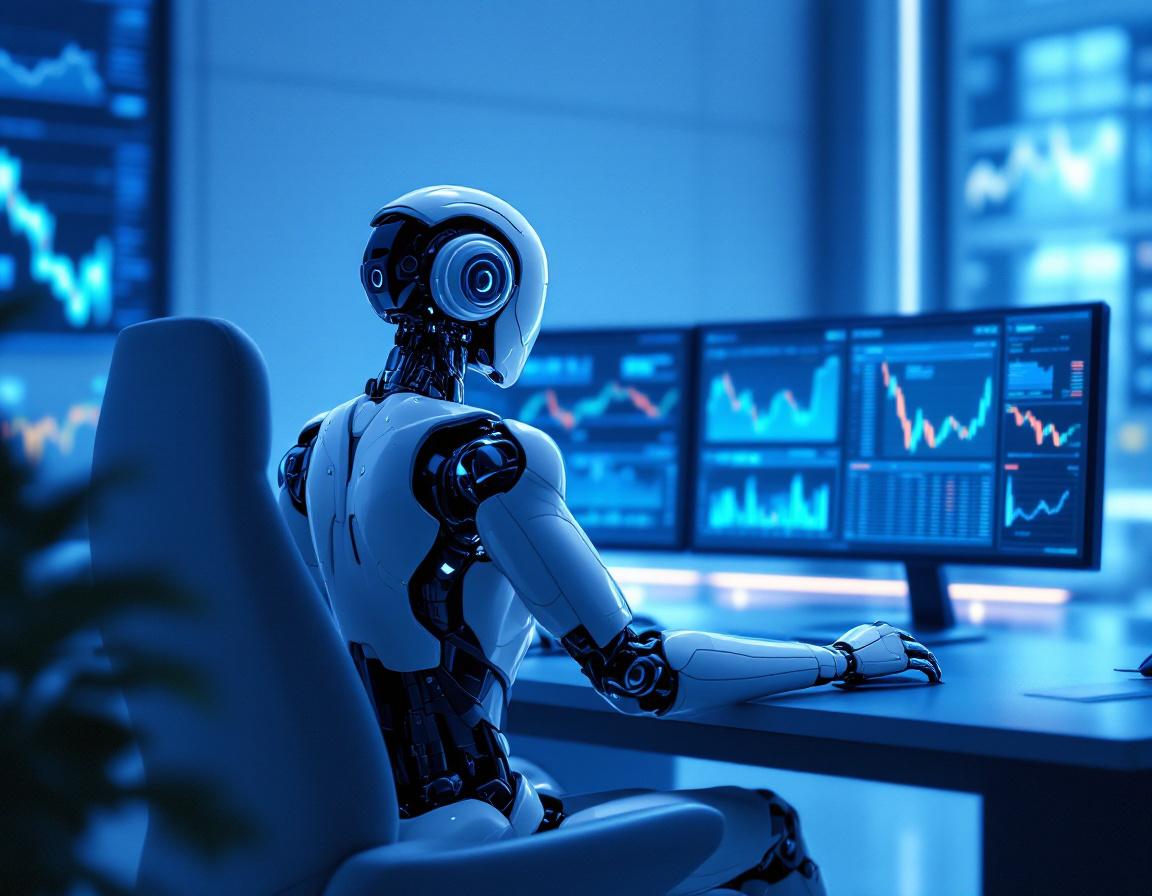 A humanoid AI trading bot analyzes market data at a high-tech workstation with multiple screens.