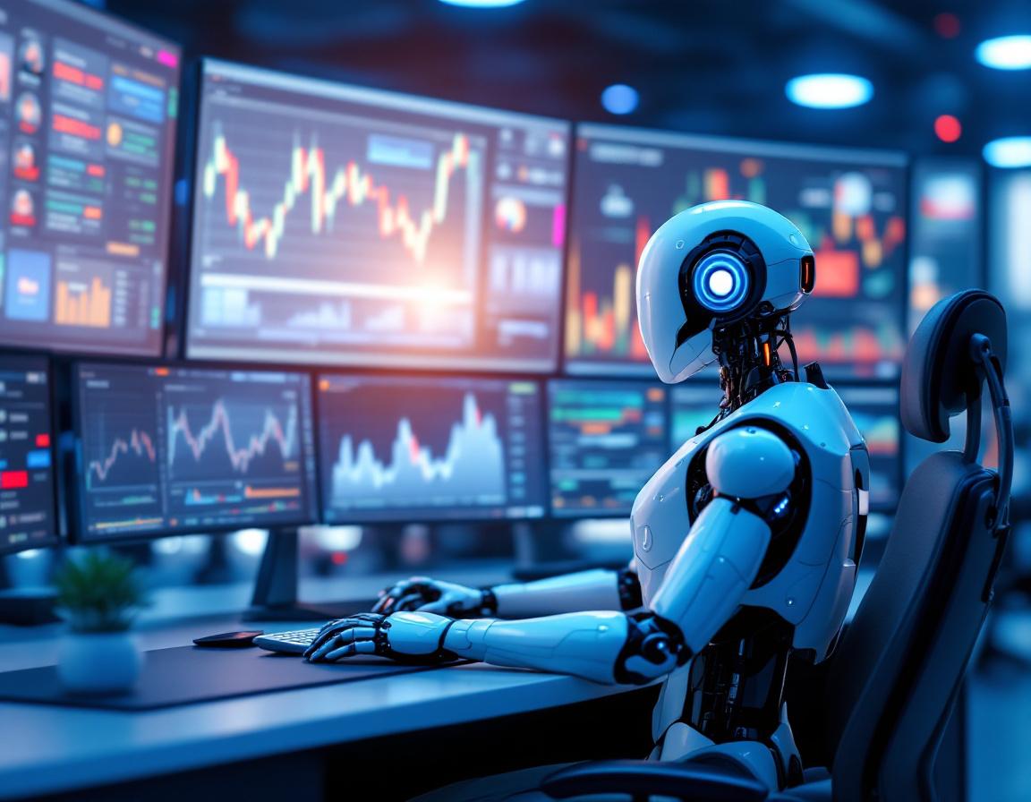A hyper-realistic AI trading bot at a high-tech workstation analyzing stock and crypto market data.
