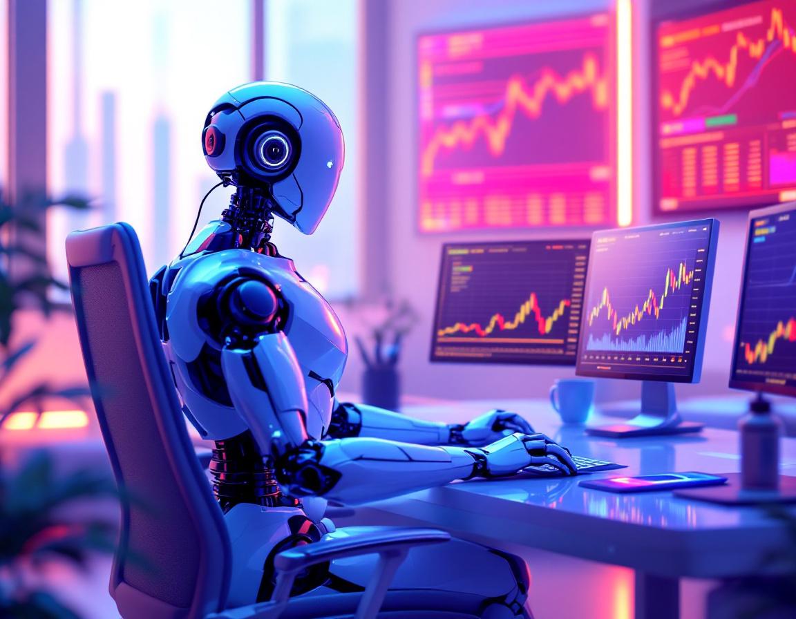 A hyper-realistic AI trading bot at a workstation analyzing market data across multiple screens.