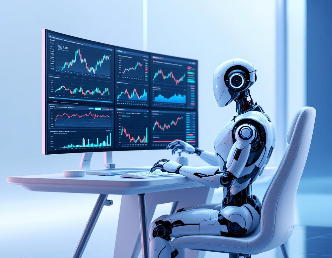A hyper-realistic AI trading bot at a sleek workstation analyzing market data on multiple screens.