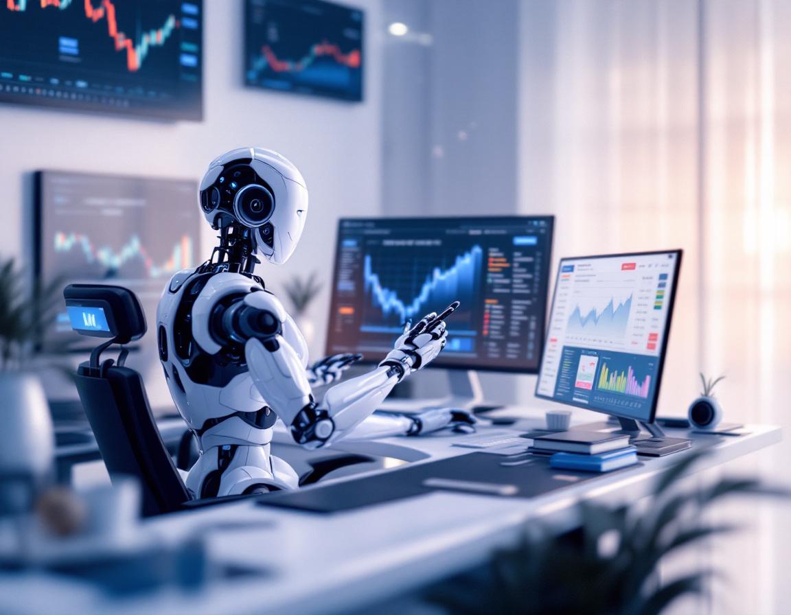 AI trading bot seated at a high-tech workstation, analyzing market data on multiple glowing screens.