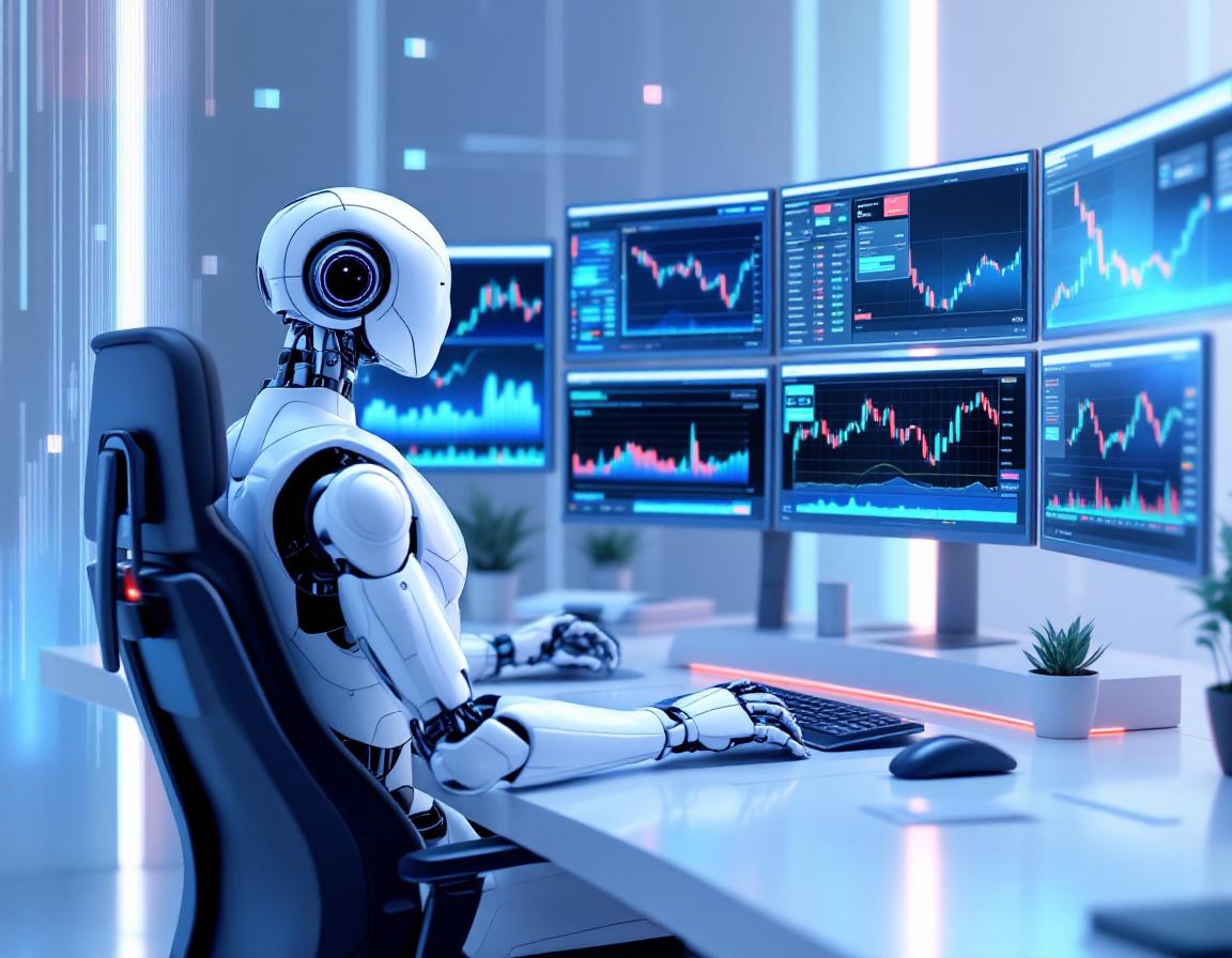 A hyper-realistic AI trading bot at a high-tech workstation, analyzing multiple market data screens.