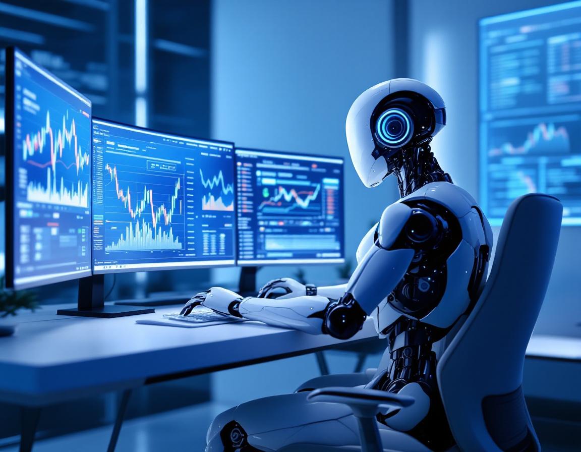 A humanoid AI trading bot at a high-tech workstation analyzing market data across multiple screens.