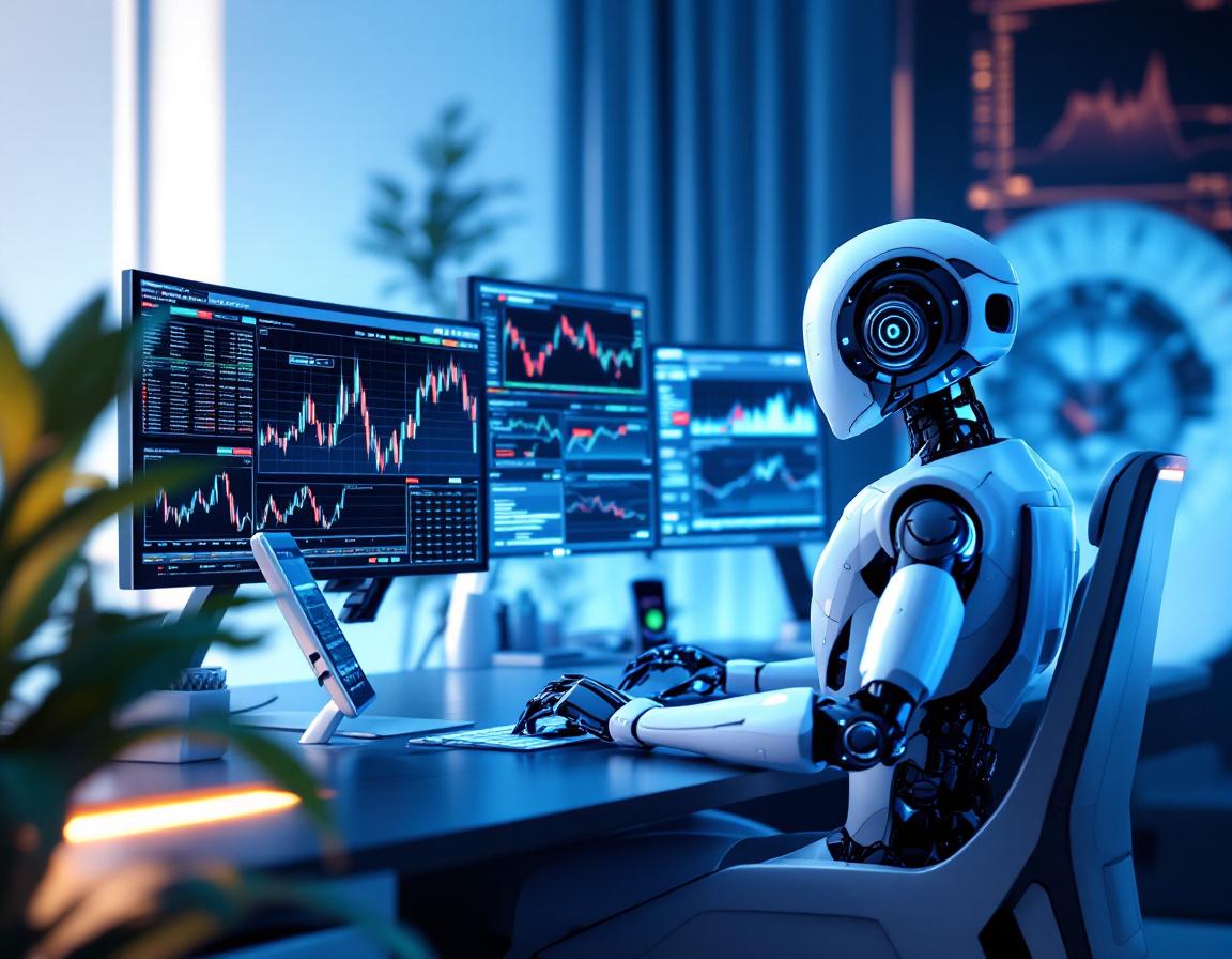 A humanoid AI trading bot at a high-tech workstation analyzing market data through multiple screens.
