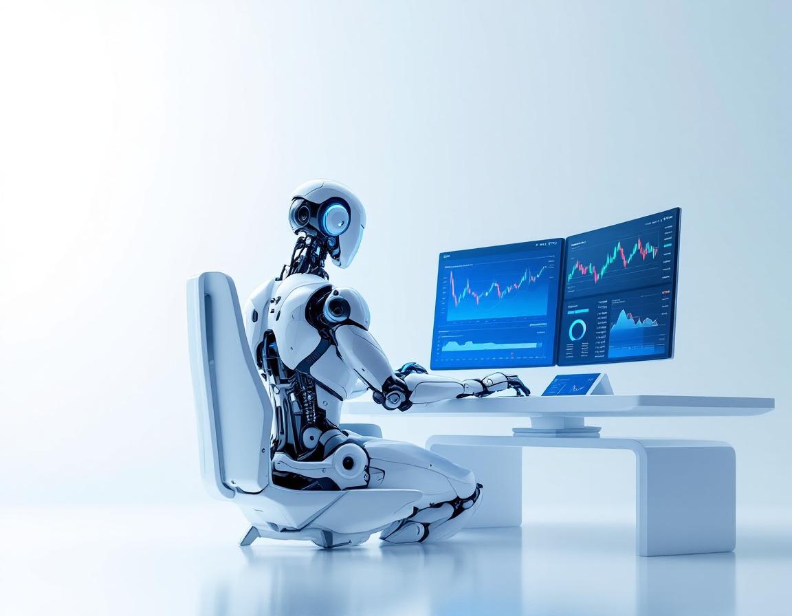 A hyper-realistic AI trading bot in a high-tech environment analyzing data across multiple screens.