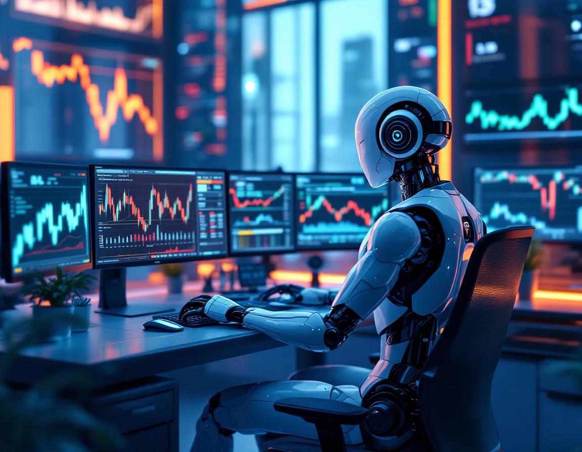 A humanoid AI trading bot at a high-tech workstation analyzes market data on multiple screens.