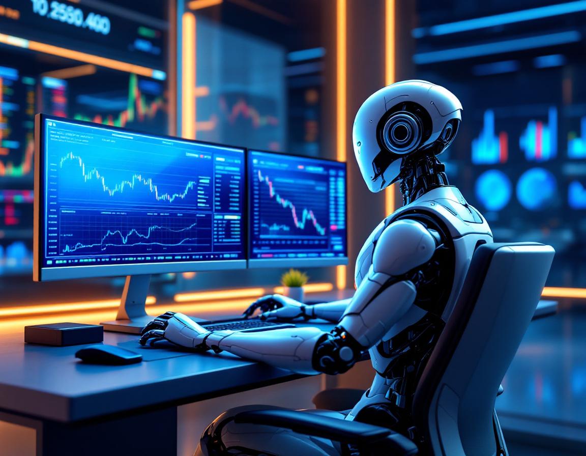 A hyper-realistic AI trading bot analyzes market data at a sleek workstation with multiple screens.