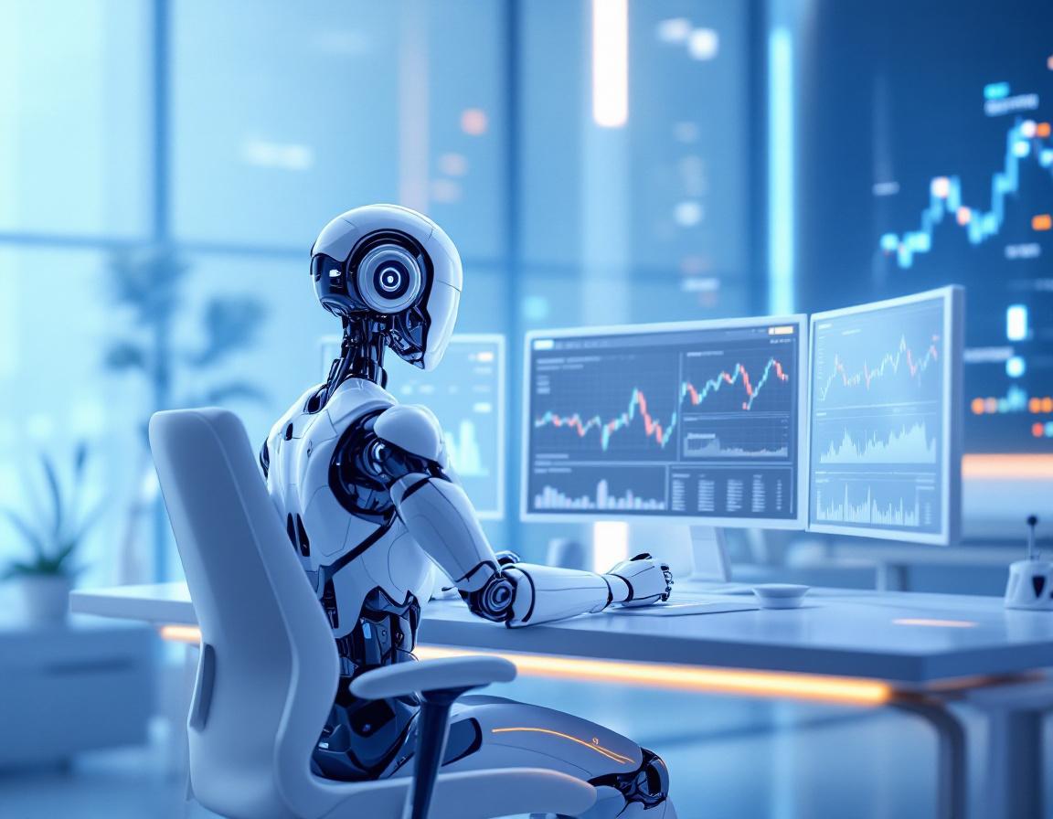 A sleek humanoid AI trading bot at a workstation analyzing market data across multiple screens.